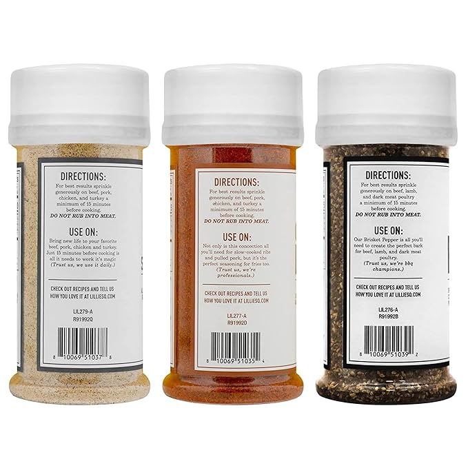 Lillie’s Q - Rub Trio BBQ Rub Sampler Barbeque Rubs &amp Spices Rub Seasoning Set Includes Carolina Dirt (6 oz) Q-Rub (7.9 oz) &amp Brisket Pepper (3.6 oz) | 3-Pack