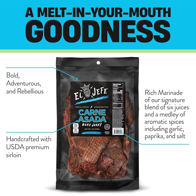 El Jefe Carne Asada 7oz Beef Jerky - Authentic Mexican Style Slab Jerky Handcrafted in Small Batches for a Bold Hispanic Flavor