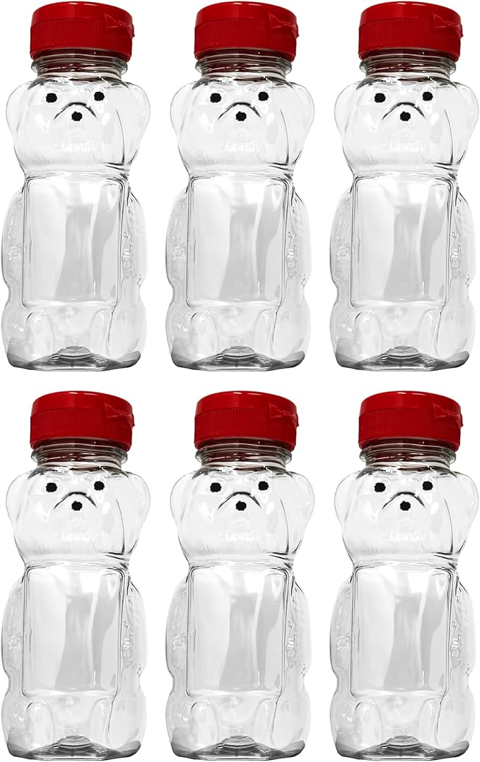 12 Ounce Clear Plastic Squeezable Honey Bears with Sealable Flip Top Lids - BPA Free Hand Wash Only (Red 6 Pack)