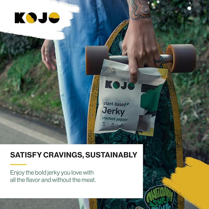 Kojo - Plant-based Vegan Jerky - Cracked Pepper - Peppery and Shamelessly Meaty Flavor - 9g Protein 3g Fiber 90 Calories - 6 Bag (2.4 oz)