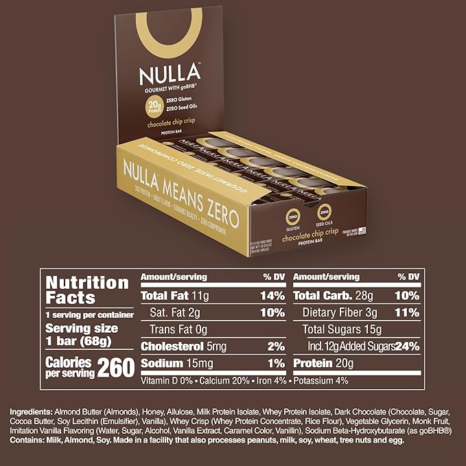 Nulla Gourmet Protein Bar with goBHB &amp Honey – Chocolate Chip Crisp – 20g Protein Zero Seed Oils Gluten Free Dual-Fuel Performance Energy Snack – Clean Ingredients