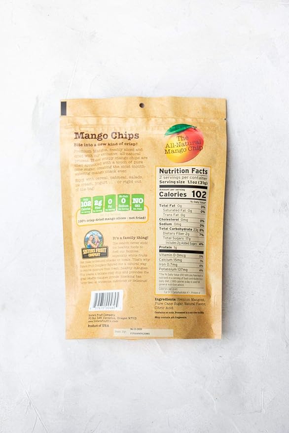 Sisters Fruit Company Mango Chips All-Natural No Preservatives Fat-Free (Contains SIX 2.25 OZ. Bags)