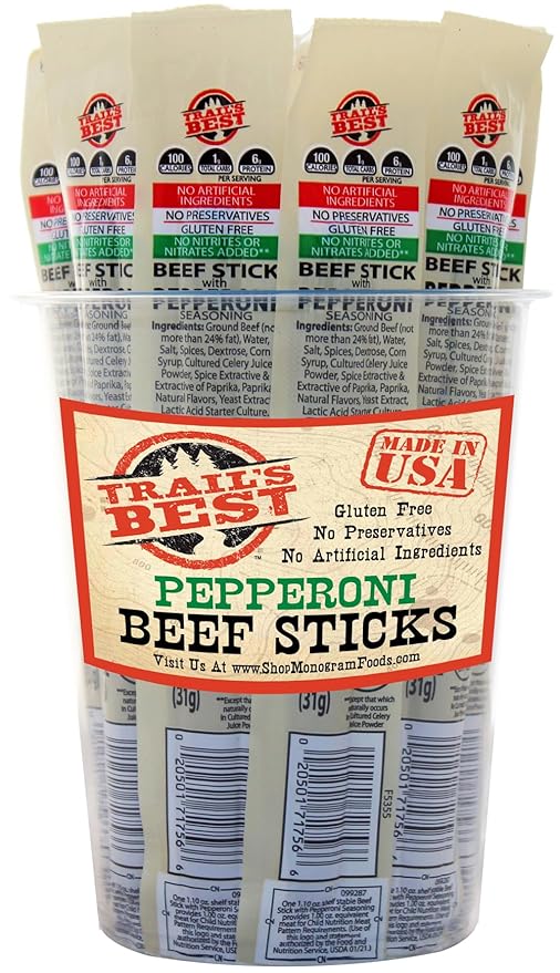 Trail's Best 1.1oz Pepperoni Sticks – 16 Count Tubs (6 inch pepperoni sticks made with all beef)