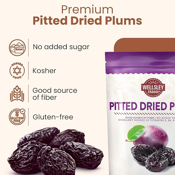 Wellsley Farms Gourmet Dried Plums - Gluten Free and Kosher Certified - Dry Prunes With Fiber Plus Added Vitamins B6 B12 E and Iron - Ideal for Travel School &amp Office Snacks - 44 oz Resealable