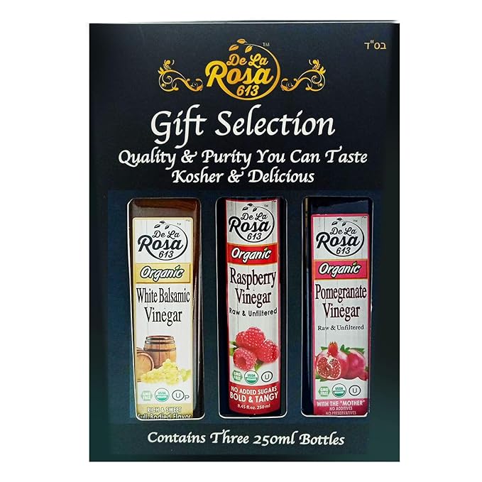De La Rosa Organic Vinegar Gift Box Raspberry Pomegranate &amp White Balsamic Vinegar Vegan Kosher Non-GMO &amp Gluten Free Great for Salad Dressing Marinades &amp More 8.45 Oz (Pack of 3)