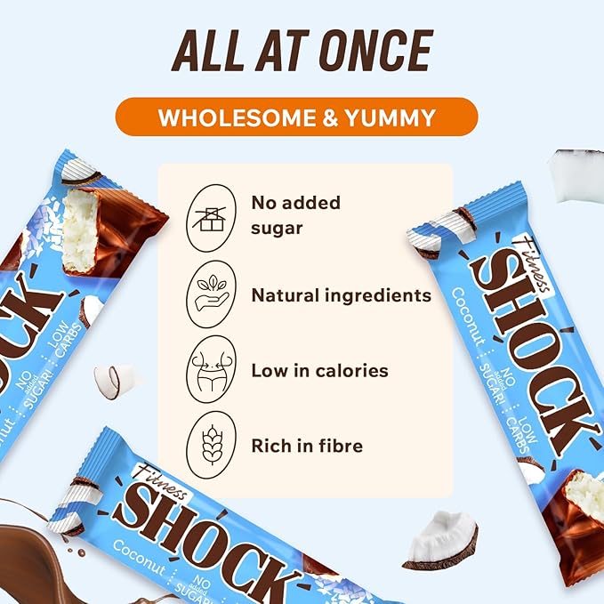 FitnesSHOCK Coconut Snack Bars – Low Sugar Snack Bar (1g Sugar 0g Added Sugar) – Dessert Alternative – Dark Chocolate &amp Coconut Flakes – 12 Count