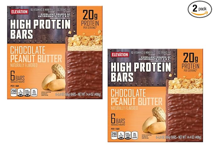 Generic 2-PACK ELEVATION Chocolate Peanut Butter High Max Protein Bars 6 Bars Per Box 12 Bars Total 20 GRAMS OF PROTEIN PER BAR. 10 Vitamins and Minerals Excellent Source of Antioxidants