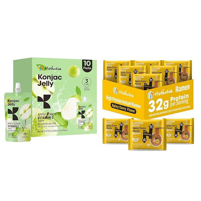 Hethstia Protein Ramen Spicy Curry and Konjac Jelly Apple Flavor – 10 Packs Drinkable Fruit Jelly Squeeze Pouches