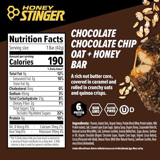 Honey Stinger Oat + Honey Bar Chocolate Chocolate Chip Energy Packed Food to Prepare for Exercise Endurance &amp Performance Sports Nutrition Snack Pre-Workout Protein Gluten Free 12 Pack