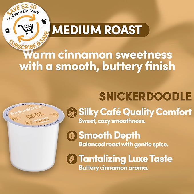 Sarasota K-Cup Coffee Pods | Medium Roast Flavored Coffee | Snickerdoodle Sugar Cookie | Single Serve for Keurig Brewers | Gourmet Low Acid Mold Free | 24 Count