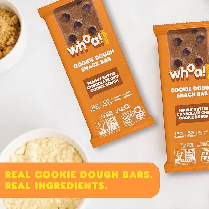 Whoa Dough Edible Cookie Dough Bars- Certified Non-GMO Kosher and Gluten Free Bars - Healthy Snack Foods - Plant Based Snacks - Peanut Butter Chocolate Chip Cookie Dough - 4 Pack
