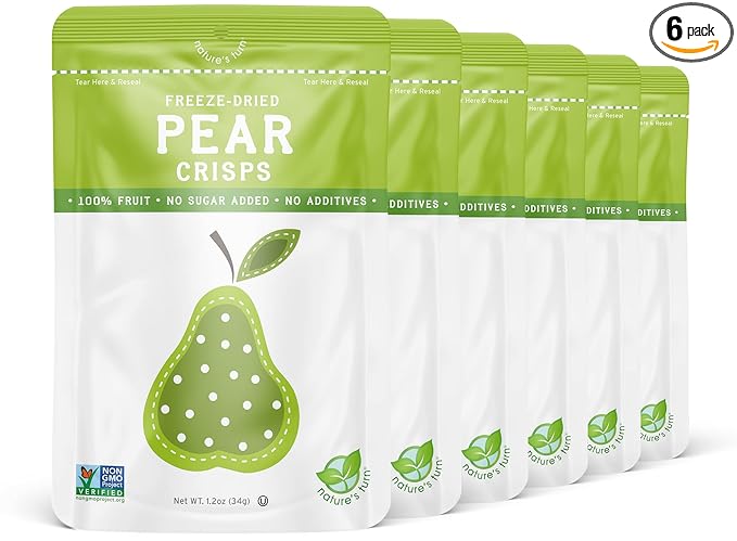Nature’s Turn Freeze-Dried Pear Crisps – Healthy Gluten-Free Crispy &amp Delicious Plant-Based Snack Ideal for Cereal Smoothies School Lunches &amp On-the-Go Bags of 6 (1.2 oz Each)