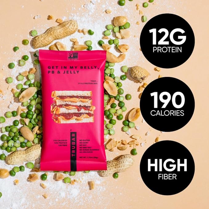 TRUBAR Vegan Protein Bar Get In My Belly Pb &amp Jelly Gluten Free Plant Based High Fiber Dairy Free Low Fat Non GMO No Sugar Alcohols 12G Lean Protein 13G Fiber Healthy Snack Bars 12 CT