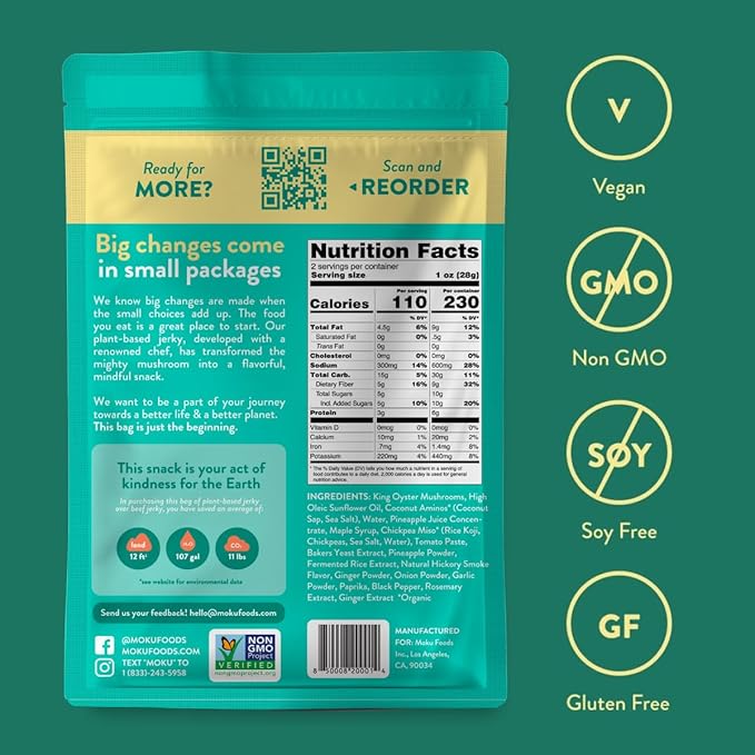 Moku Plant-Based Mushroom Jerky Vegan Gluten Free Soy-Free Non-Gmo No Artificial Sweetener Healthy Snacks 2.0 Oz Ea (3 Count Hawaiian Teriyaki)