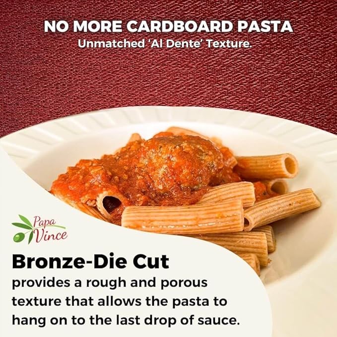 Papa Vince Organic Whole Wheat Non Enriched Rigatoni: Low Gluten Italian Pasta made in Italy from Organic Non GMO Khorasan Ancient Grain grown in Sicily. Slow Dried Bronze Die Cut. High in Selenium &a