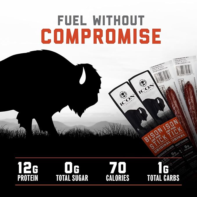 ICON Meats Bison and Pork Snack Sticks Original Flavor 24 Pack of High Protein Snacks Sugar Free Natural Jerky Meat Sticks Gluten Free USDA Inspected Made in USA Gifts for Him