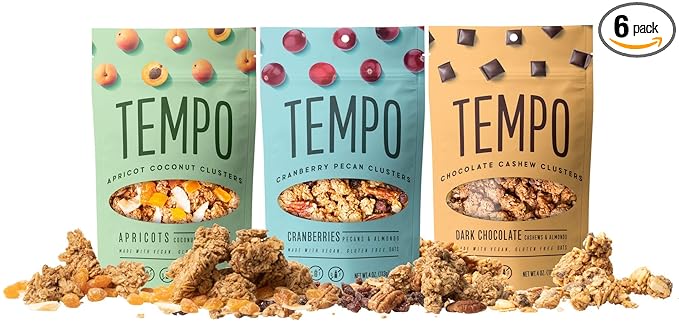 Tempo Granola Cluster Variety Pack - Dark Chocolate Cranberry Apricot - Vegan Gluten Free Oats Low Sugar Vegan Dairy Free Soy Free Vitamin E Prebiotics - High Protein Snacks with Oats - 6 Pa
