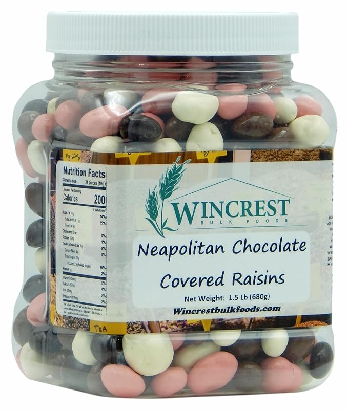 Neapolitan Chocolate Covered Raisins || 1.5 Lb Tub || Dark Milk Vanilla &amp Strawberry Coated