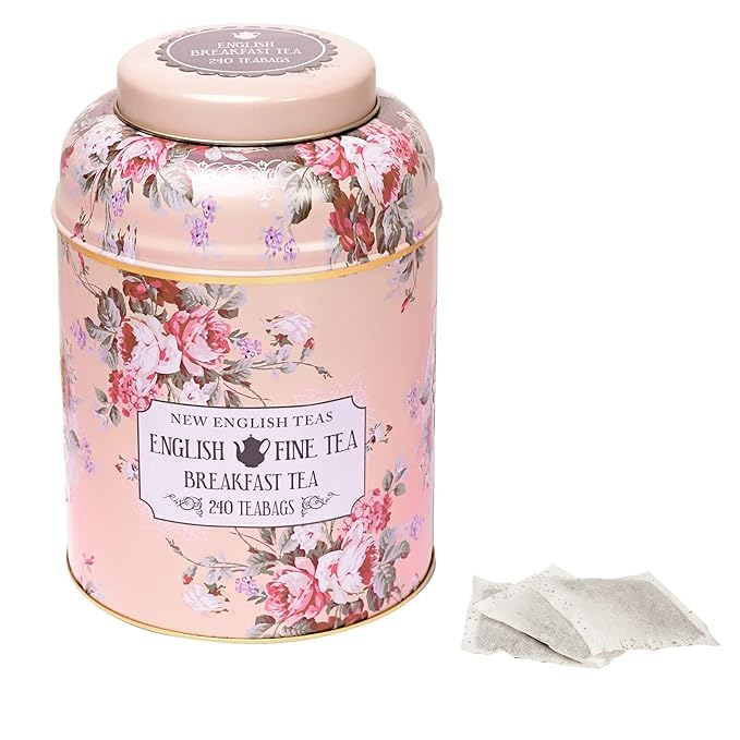 New English Teas Vintage Floral Tea Tin with 240 English Breakfast Teabags for Tea Lovers Cottage Core