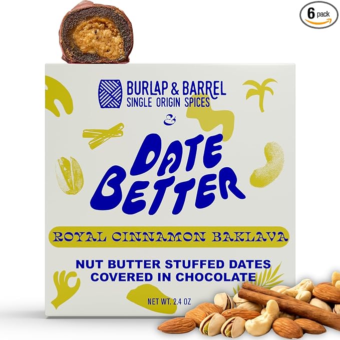 Date Better Royal Cinnamon Baklava Stuffed Medjool Dates - Dark Chocolate-Covered Dates Filled With Baklava Nut Butter &amp Pistachios | No Artificial Sweeteners Gluten-Free &amp Vegan (6-Pack)