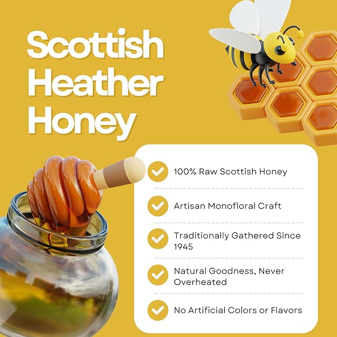 Heather Hills Farm Raw Scottish Heather Honey Jar 340g (12oz) - Highland Wild-flowering Purple Ling Heather Artisanal Pure Natural Honey Traditional British Food Gift &amp Spread Made in Scotland
