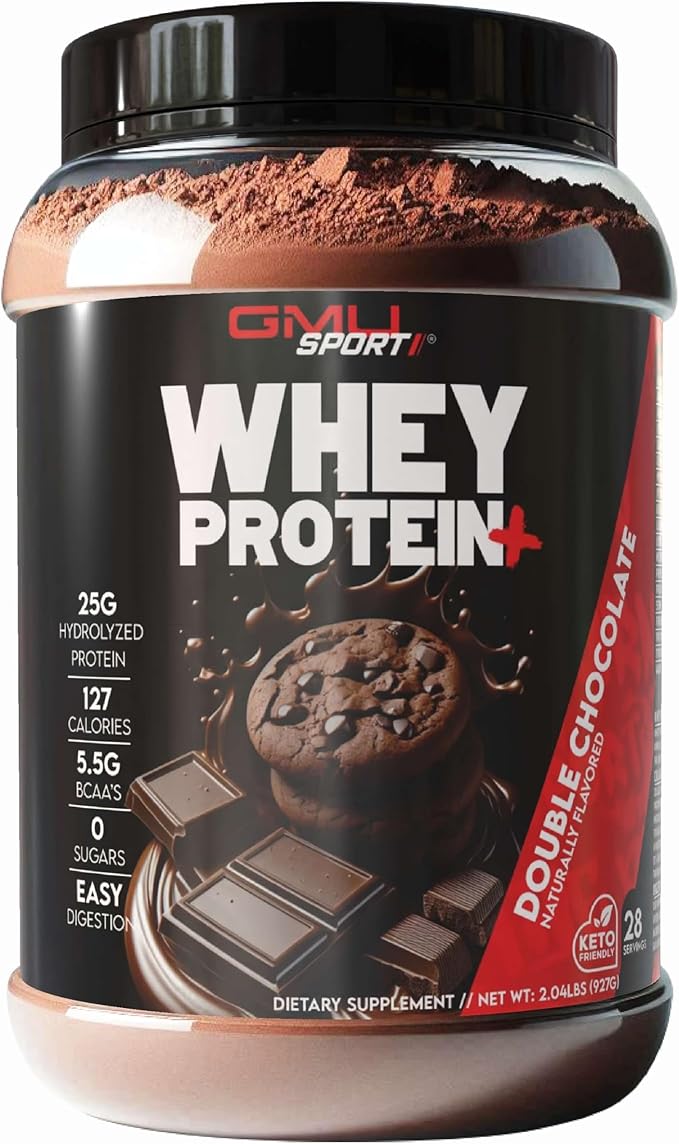 GMU SPORT - Whey Protein+ 28 Servings - No Filler Whey Protein Powder for Women and Men - Low-Calorie Sugar-Free Fast-Absorbing Protein Supplement for Muscle Growth &amp Recovery Double Chocolate