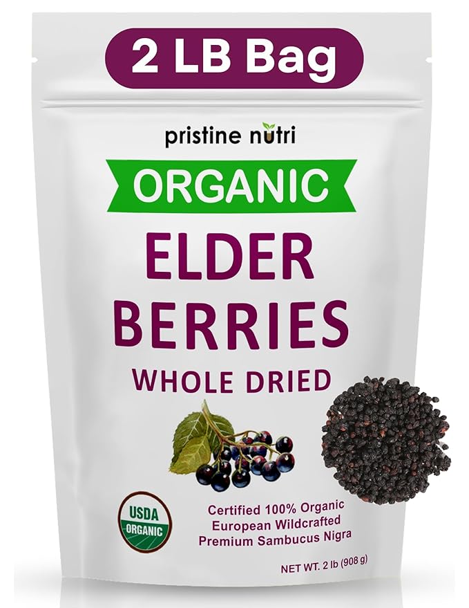 Organic Elderberries Dried Bulk | Whole European Elderberry Dried Wildcrafted All Natural | Non-GMO Non-irradiated | Immunity Booster Antioxidants and Vitamins | Make Syrup Tea| 2 lb (32 oz)