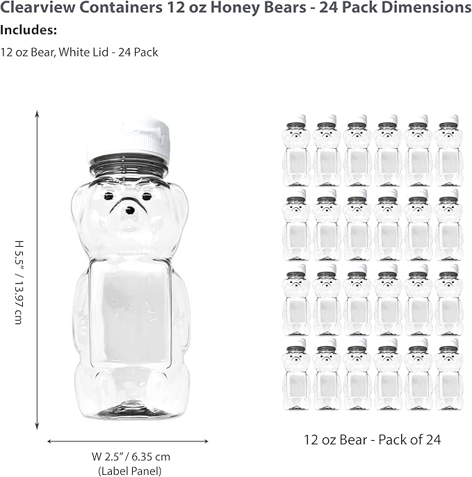 12 Ounce Clear Plastic Squeezable Honey Bears with Sealable Flip Top Lids - BPA Free Hand Wash Only (White 24 Pack)