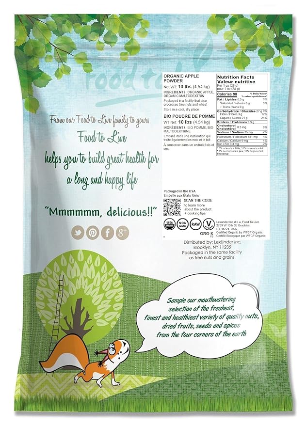 Food to Live Organic Apple Juice Powder 10 Pounds - Non-GMO Unsulfured Raw Vegan Bulk Great for Juices Smoothies Yogurts and Instant Breakfast Drinks Contains Maltodextrin No Sulphites