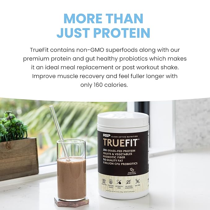 TrueFit High Fiber Protein Powder Grass-Fed Whey Meal Replacement Shake with Prebiotics Probiotics &amp Organic Superfoods Keto Friendly Gluten Free
