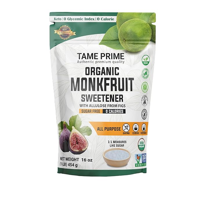 Tame prime USDA Organic Monkfruit sweetener with Allulose from figs 1 lb (454 g) 1:1 sweet like sugar organic monk fruit without erythritol 0 calories 0 Glycemic index Keto