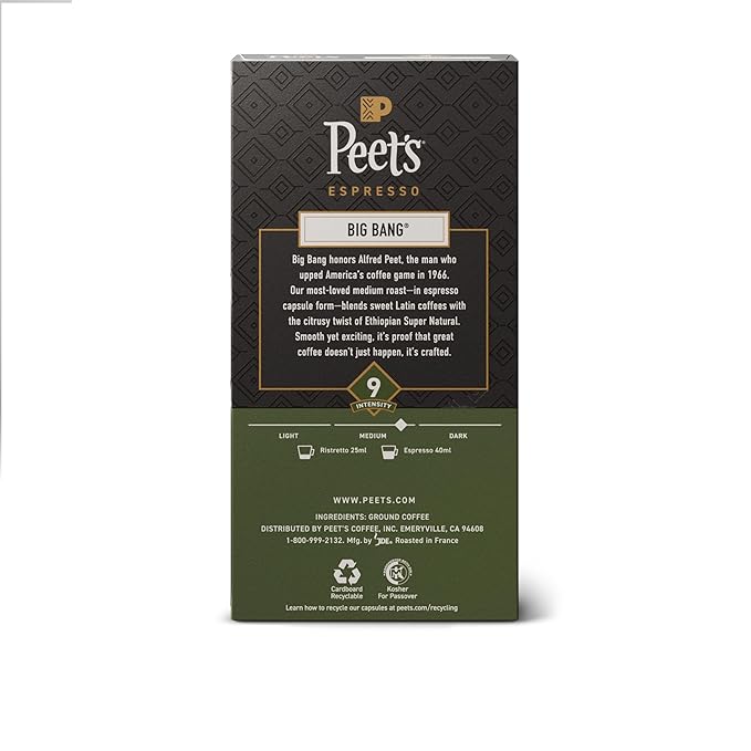 Peet's Coffee Medium Roast Espresso Capsules Compatible with Nespresso Original Machines 100% Arabica Coffee - Big Bang Intensity 9 50 Count (5 Boxes of 10 Espresso Capsules)