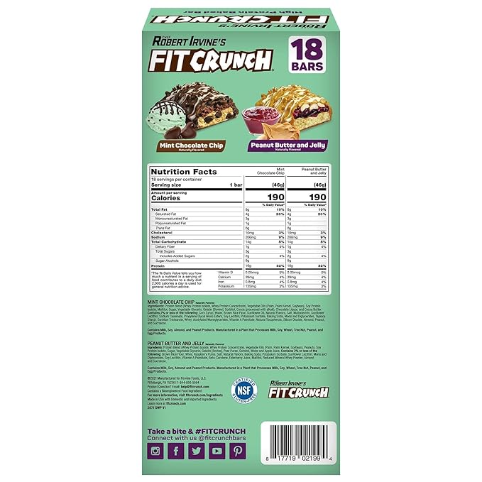 FITCRUNCH Protein Bars Snack Size Variety Pack Gluten Free (18 Bars Mint Chocolate Chip &amp Peanut Butter Jelly)