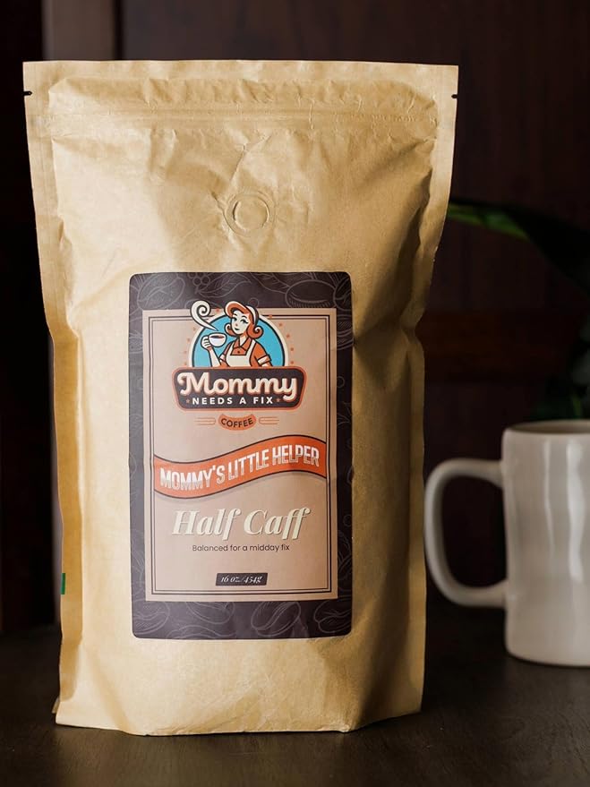 Mommy Needs A Fix Half Caff Ground Coffee | 100% All Natural Arabica Beans | Medium Roast | Chemical Free Swiss Water Process | Pregnancy &amp Breastfeeding Friendly | Roasted in the USA | 1 lb