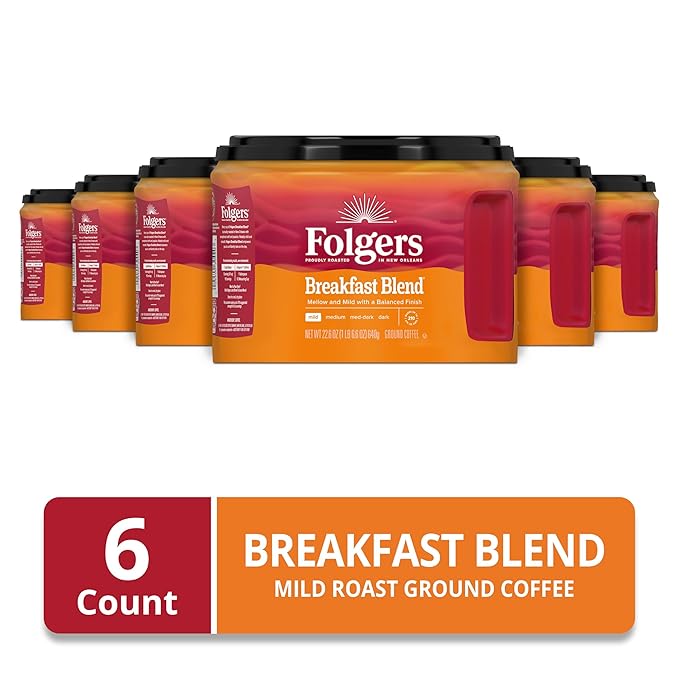 Folgers Breakfast Blend Mild Roast Ground Coffee 22.6 Ounces (Pack of 6)