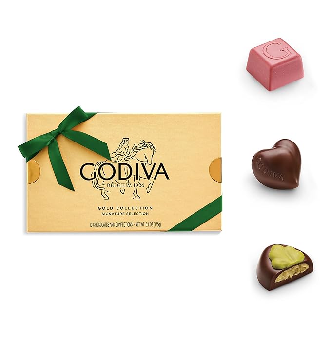 Godiva Green Bow Gold Assorted Chocolate Gift Box Belgian Dark and Milk Chocolates with Pralinés Ganaches &amp Caramels Gourmet Holiday Gift Kosher 15 Pc