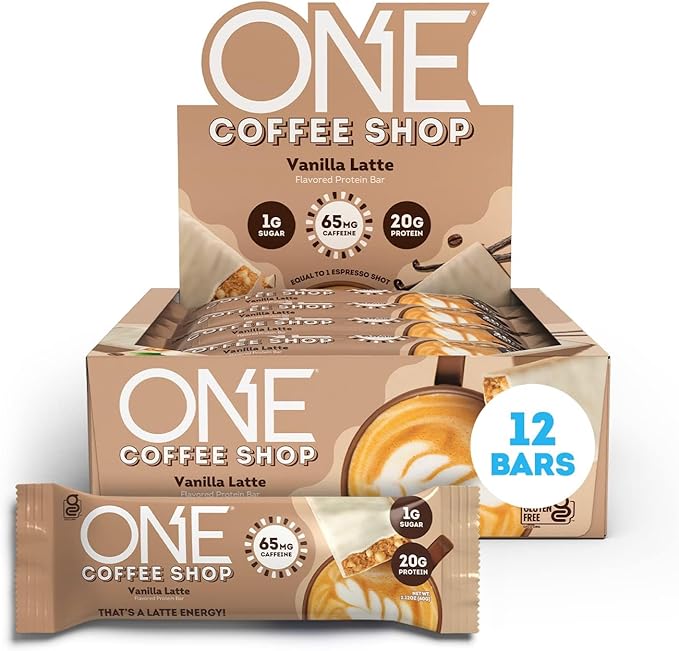 ONE Protein Bars Peanut Butter Cup Gluten Free Protein Bar with 20g Protein and only 1g Sugar &amp Coffee Shop Protein Bars + Caffeine Vanilla Latte Gluten Free with 20g Protein and 1g Sugar