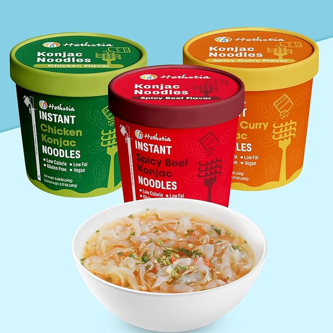 Hethstia Konjac Noodle 6-Pack Pre-cooked Low Carb Shirataki Pho Soup Variety Flavor (Chicken Spicy Curry Spicy Beef)- Low-Calorie Sugar-Free Vegan Gluten-Free 34.32oz Keto-Friendly Asian Meal