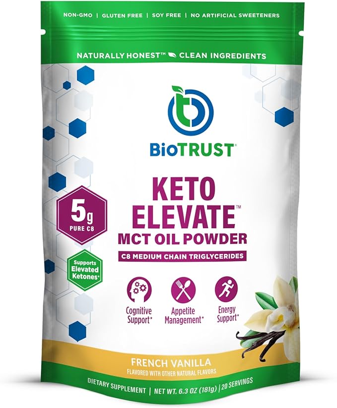 BioTrust Keto Elevate – C8 MCT Oil Powder – Ketogenic MCT Coffee Creamer Keto Coffee Creamer – Clean Energy Mental Focus Clarity –100% Caprylic Acid MCT Powder Non-GMO(French Vanilla 20 Servings)