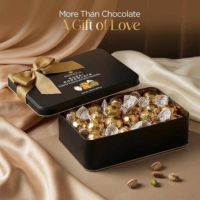 Pistazia Dubai Chocolate Balls – 8.8 oz (250g) – Premium Dubai Chocolate Pistachio Candy Gift Box in Black Metal Tin Real Chocolate