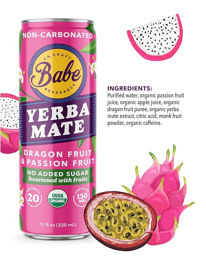 Babe Organic Yerba Mate Energy Drinks | NO SUGAR ADDED with 150mg Plant-Based Caffeine | Natural Yerba Mate Tea with No Crash No Jitters - Peach Mango &amp Passion Dragon (6 x 12oz Cans)