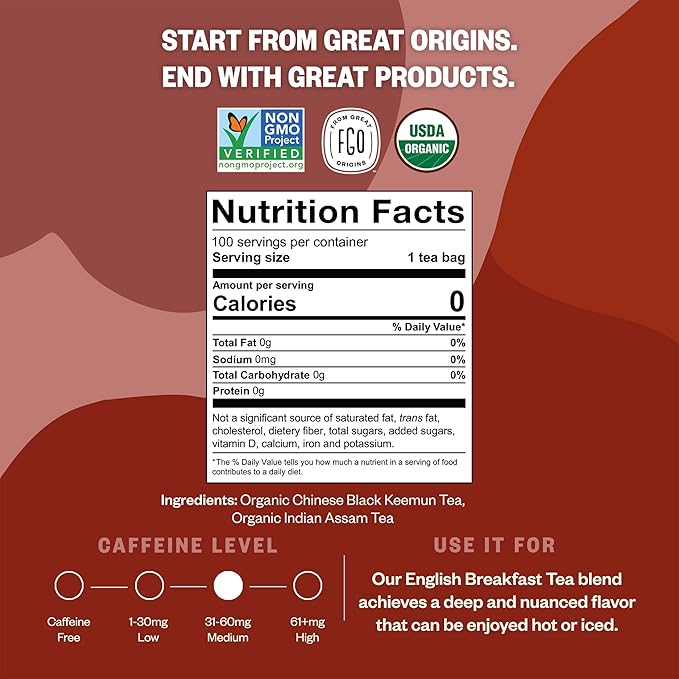 FGO Organic English Breakfast Black Tea 100 Count Eco-Conscious Tea Bags Resealable Bag Packaging May Vary (Pack of 1)