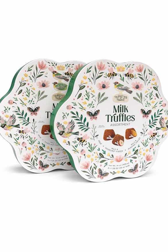Truffettes de France Milk Truffles Assortment Spring Tin 14 oz Milk Hazelnut and Almond Pieces Gourmet French Chocolate Pack of 2