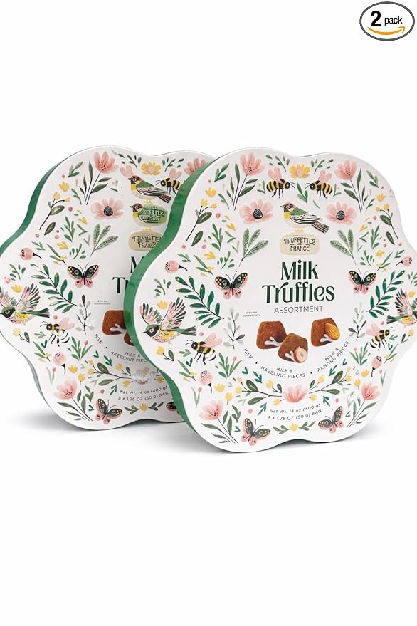 Truffettes de France Milk Truffles Assortment Spring Tin 14 oz Milk Hazelnut and Almond Pieces Gourmet French Chocolate Pack of 2