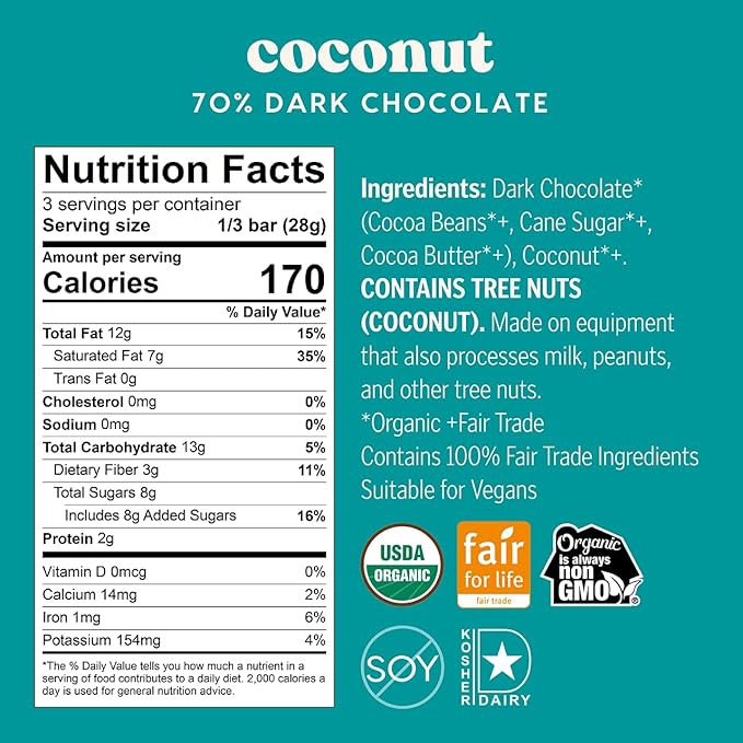 Theo Chocolate Coconut Organic Dark Chocolate Bar 70% Cacao 6 Pack | Vegan Fair Trade