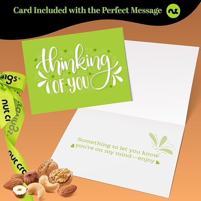 NUT CRAVINGS Gourmet Collection - Thinking of You Nuts Gift Basket with Thinking of You Ribbon + Greeting Card in Reusable Wooden Tray (12 Assortments) Food Arrangement Healthy Snack Food Assortments