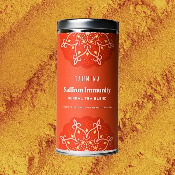 Tahmina Saffron Immunity Caffeine Free Tea: Calming Turmeric and Ginger with Saffron 12 Biodegradable Pyramid Tea Bags Makes 36 Cups of Tea (1 Pack)