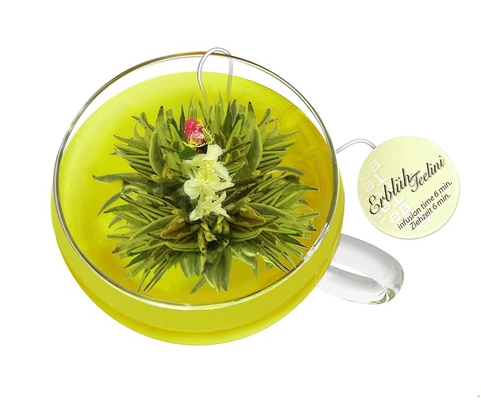 Creano Bloomning Tea Gift Set with Tea-Glass 7oz and 8 Tea-Flowers in Cup Size - Green Tea - Gift for Women Mother Tealovers