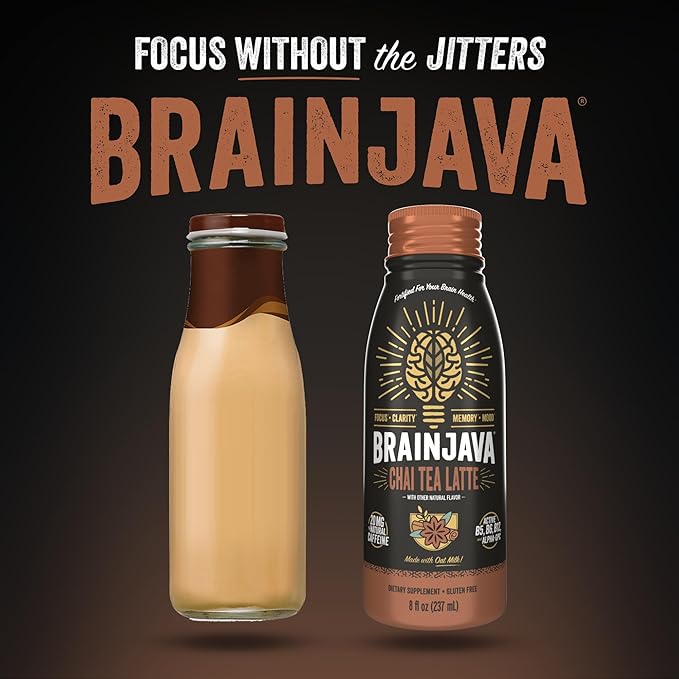 BrainJava Oat Milk Chai Tea Latte Ready to Drink Beverage With L-Theanine Vitamin C Vitamin B and Potassium for Daily Balance and Wellness Naturally Caffeine Free Black Tea With Spices 8 Fl Oz