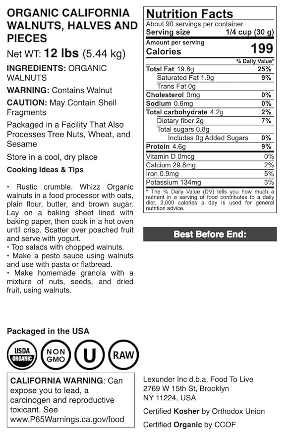 Organic California Walnuts Halves &amp Pieces 12 Pounds – Non-GMO Raw Unsalted Shelled Vegan Kosher Sirtfood Bulk Snack. High in Omega-3 Fatty Acids Protein. Great for Baking and as a Toppi